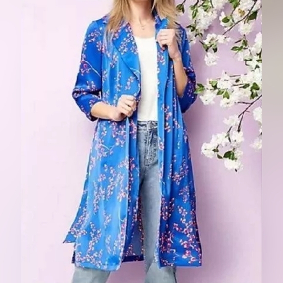 J Jason Wu Women's Woven Printed Lightweight Satin Floral Trench, Blue & Pink - Picture 6 of 14
